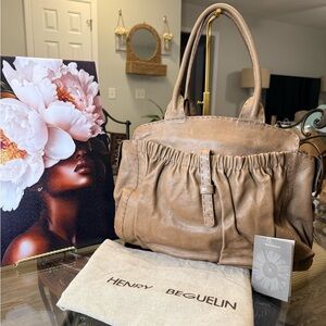 Henry Beguelin Tan Leather Ruched-Front Satchel